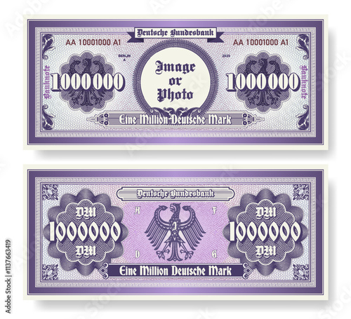 Vector banknote. In German, one million German marks and Bundesbank. Symmetrical note, obverse and reverse. Play vintage money with guilloche grid and empty round. Berlin finance certificate 1000000