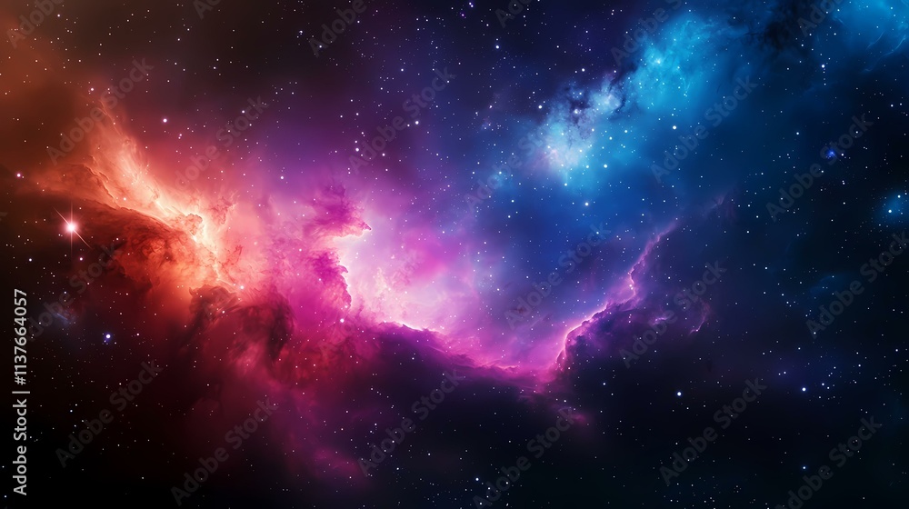 The image shows a vibrant nebula in space, with swirling clouds of pink, purple, and blue gas and dust, interspersed with countless stars.
