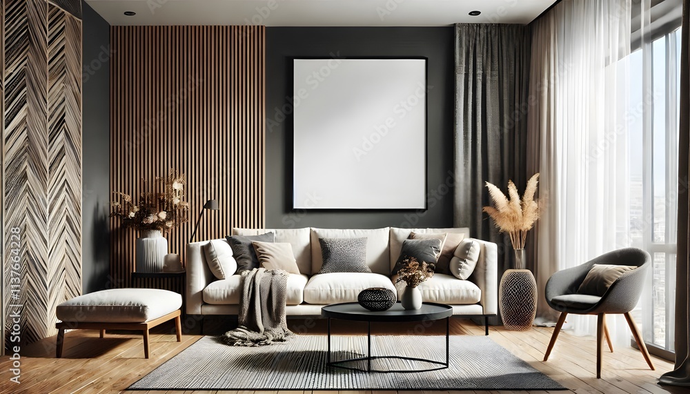 Fototapeta premium Modern Living Room with Gray Sofa, Abstract Artwork, and Textured Wall