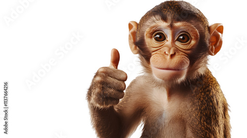 Cute monkey giving a thumbs up, expressing happiness and positivity, isolated on white background