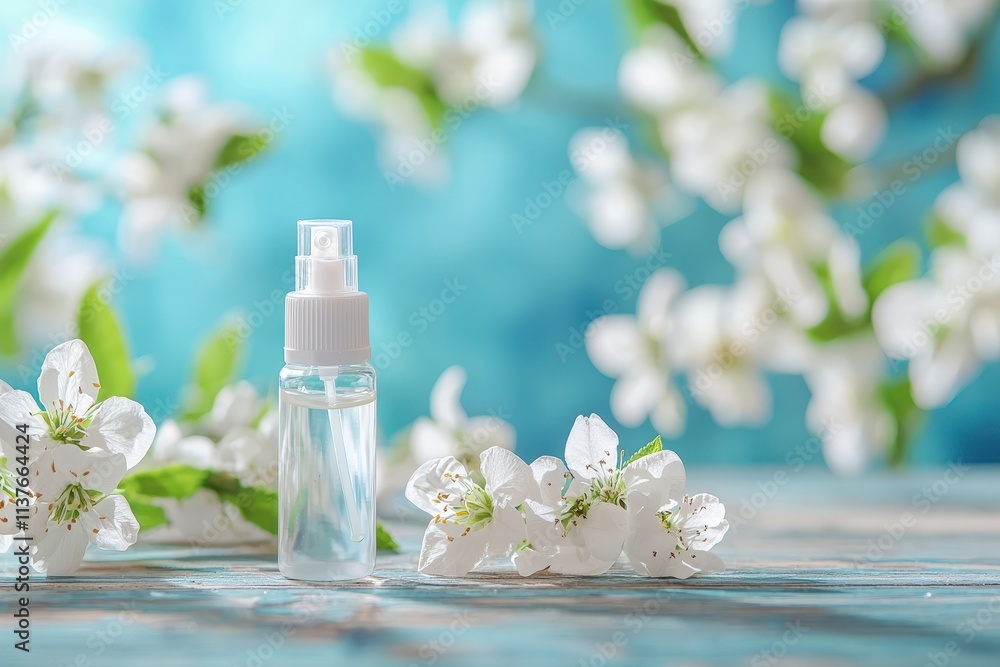 Refreshing floral essence spray tranquil garden setting product photography serene background close-up view beauty concept Refreshing floral essence spray tranquil garden setting product photography serene background close-up view beauty concept