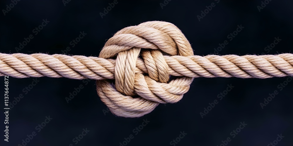 A close-up of a tightly tied knot on a sturdy rope, showcasing the texture and detail of the fibers. Concept Knot Detail, Rope Texture, Close-Up Photography, Fiber Characteristics, Macro Shot A close-up of a tightly tied knot on a sturdy rope, showcasing the texture and detail of the fibers. Concept Knot Detail, Rope Texture, Close-Up Photography, Fiber Characteristics, Macro Shot