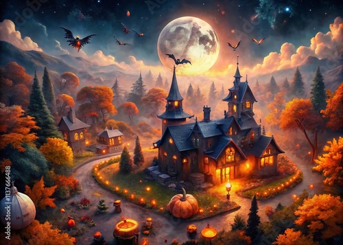 Spooky Halloween Aerial View: Haunted Mansion, Autumn Leaves, Night Sky photo