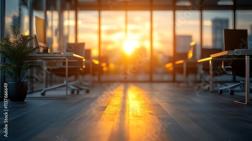 Empty modern office space with a sunset view.