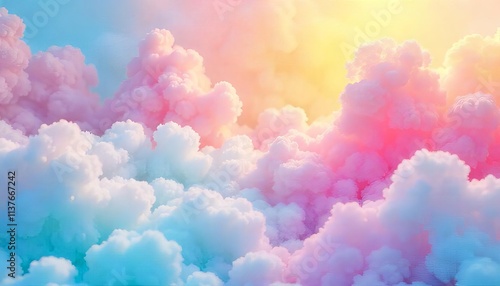 Abstract rainbow patchwork background with soft-edged sections of color where fluffy white textures peek through a veil of colorful pastel neon mist