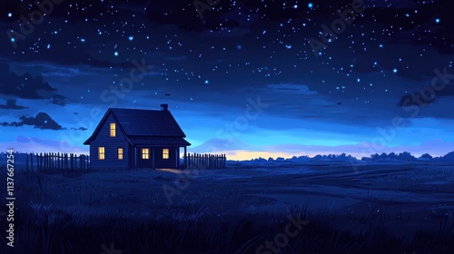 Cozy Rural House Under Starry Night Sky Illustrating Tranquil Serenity