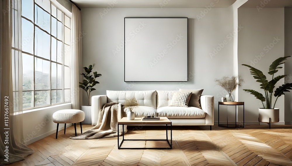 Fototapeta premium Airy Living Space with Arch Window and Indoor Plants