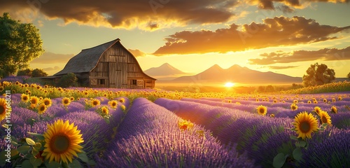 A village barn surrounded by fields of lavender and sunflowers, with a distant mountain range under a golden sunset