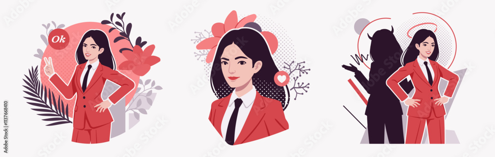 Ambitious businesswoman, confident business lady in red suit, tie, angel, devil and yes, no choice, modern design for art magazine, blog, graphic advertisement, digital social media illustration set Ambitious businesswoman, confident business lady in red suit, tie, angel, devil and yes, no choice, modern design for art magazine, blog, graphic advertisement, digital social media illustration set