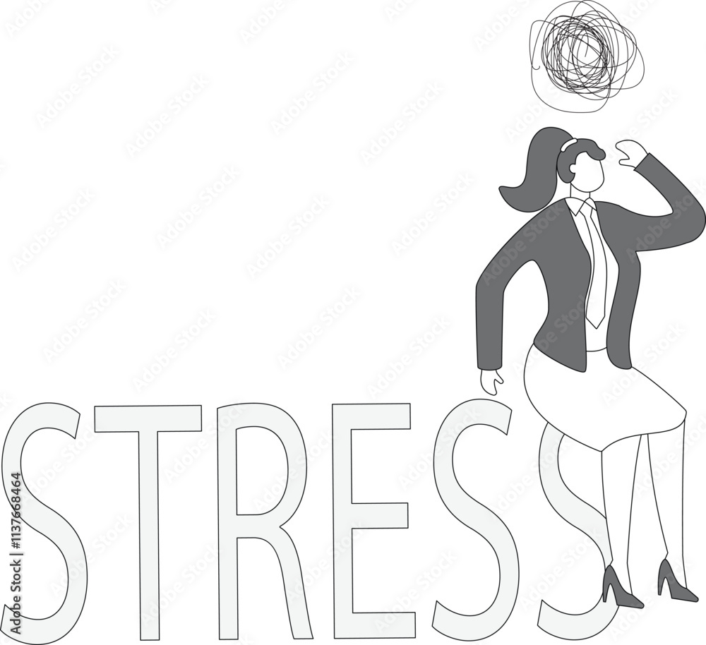 businesswoman overwhelmed by huge letters of stress, overload of stress and burden, psychological stress or work stress, exhaustion and anxiety, stress and exhaustion problems businesswoman overwhelmed by huge letters of stress, overload of stress and burden, psychological stress or work stress, exhaustion and anxiety, stress and exhaustion problems