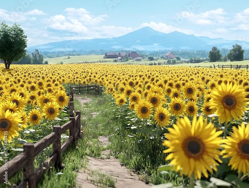 A village field of golden sunflowers, with a small wooden fence and a blue mountain range in the distance