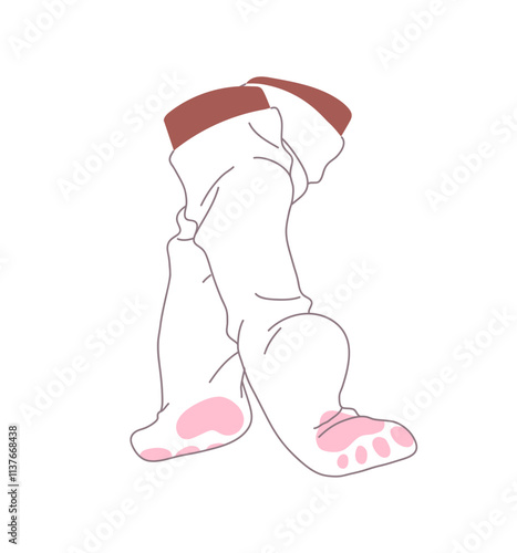 Female feet in cute socks with cat paw pads. Woman stands on toes wearing a pair of long cotton stockings. Lovely hosiery on legs back view. Flat isolated vector illustration on white background