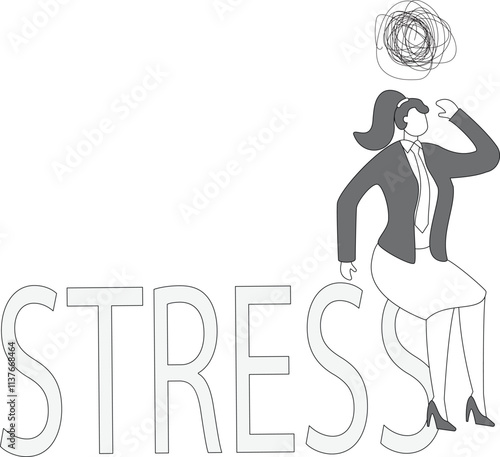 businesswoman overwhelmed by huge letters of stress, overload of stress and burden, psychological stress or work stress, exhaustion and anxiety, stress and exhaustion problems