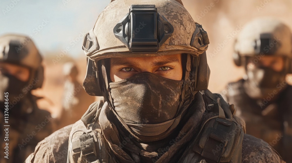 Soldier in Tactical Gear with Focused Expression in Desert Environment Soldier in Tactical Gear with Focused Expression in Desert Environment
