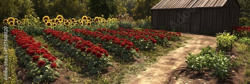 A village garden with a mix of red roses, sunflowers, and herbs growing in neat rows beside a wooden shed