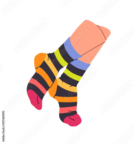 Female feet in rainbow socks on tiptoes side view. Woman stands on toes wearing striped cotton stockings. Cute colourful hosiery on legs. Flat isolated vector illustration on white background