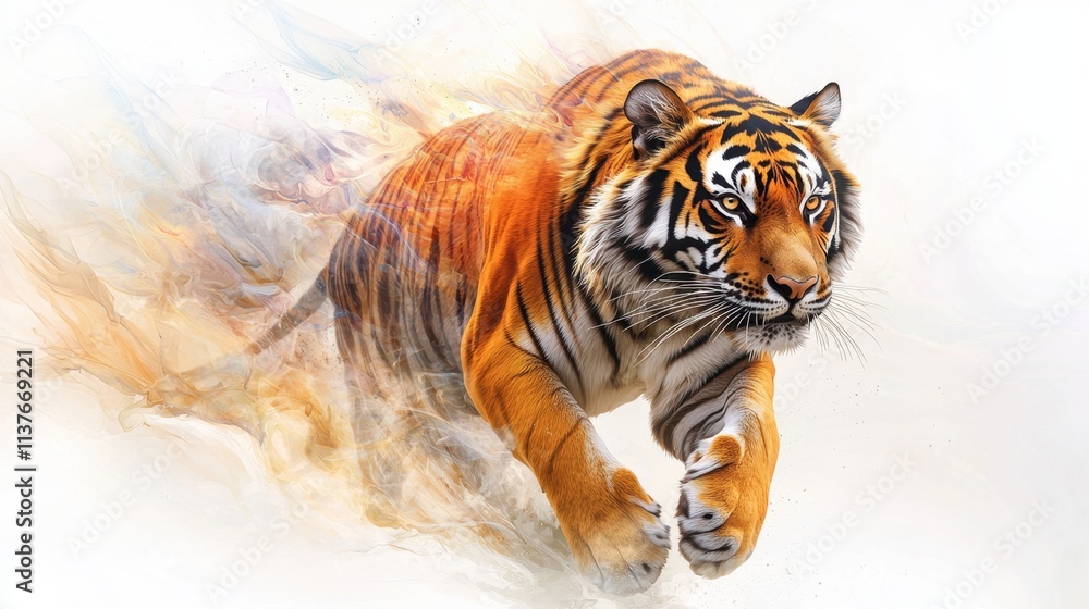 Naklejka premium A majestic tiger is depicted with its orange and black stripes transformed into a vibrant spectrum of colors