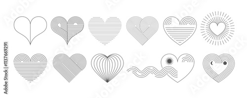 Bohemian Valentines day abstract linear art hearts. Minimalist geometric Valentines heart symbols, elements. Love, wedding, valentines concept illustration