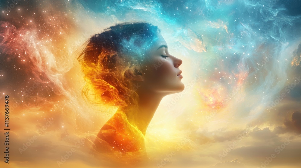 The figure, bathed in ethereal light, drifts serenely through a swirling tapestry of vivid hues, surrounded by a kaleidoscope of pulsating stars and nebulae. The figure, bathed in ethereal light, drifts serenely through a swirling tapestry of vivid hues, surrounded by a kaleidoscope of pulsating stars and nebulae.