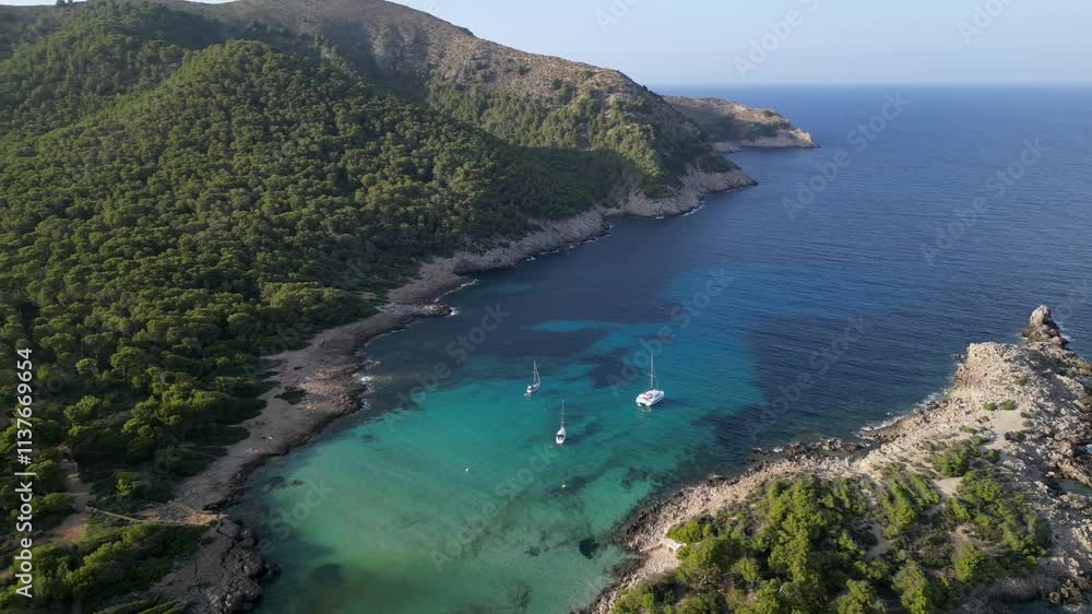 Drone sailing on blue sea water of Mallorca Island Travel landscape, Spain Mediterranean coastline Drone sailing on blue sea water of Mallorca Island Travel landscape, Spain Mediterranean coastline