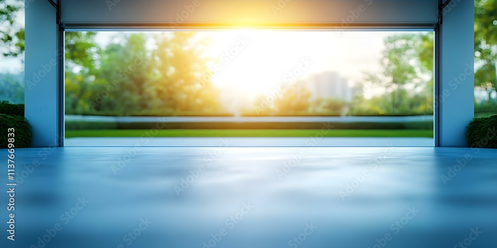 Fototapeta premium A bright, sunlit view through an open garage door, revealing a serene outdoor landscape with greenery. Concept Sunlit Garage View, Serene Outdoor Landscape, Lush Greenery, Tranquil Ambiance
