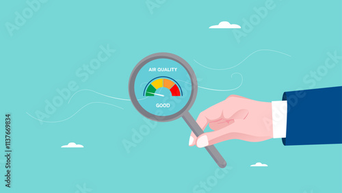 good air quality, hand holding magnifying glass to check the air quality, air quality index, good and fresh air conditions free from pollution