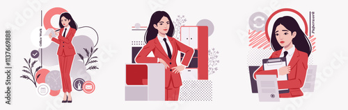Ambitious businesswoman, confident business lady in red suit, tie, office bureaucracy, paperwork, modern design for art magazine, blog, graphic advertisement, digital social media illustration set