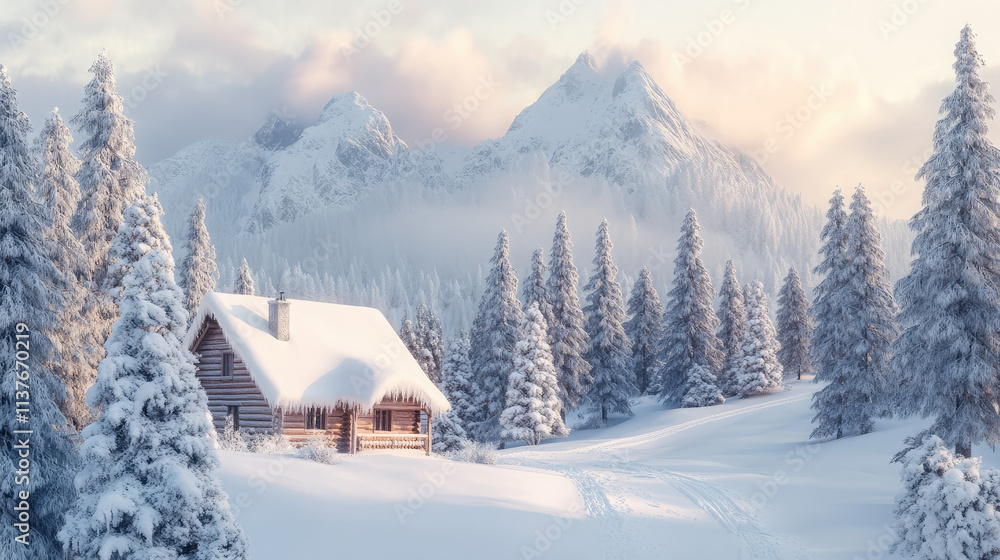A cabin in the woods with snow on the roof and trees in the background A cabin in the woods with snow on the roof and trees in the background