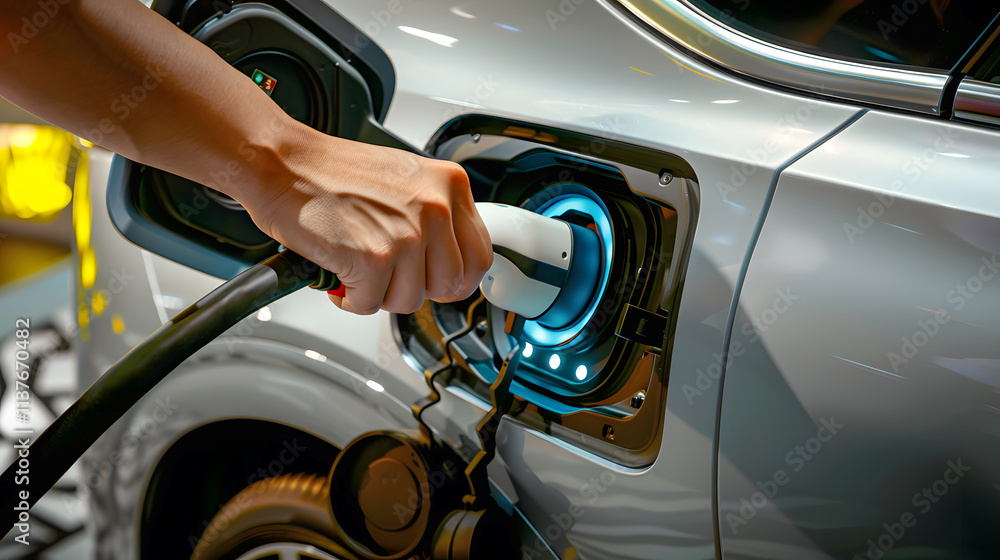 Electric Car Charging Station. Close-up of Hand Inserting Power Connector or Plug. Concept for Eco Branding, Automotive Blogs, Ads, E-commerce, Social Media, Green Energy Campaigns, Presentations Electric Car Charging Station. Close-up of Hand Inserting Power Connector or Plug. Concept for Eco Branding, Automotive Blogs, Ads, E-commerce, Social Media, Green Energy Campaigns, Presentations