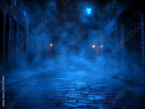 Foggy cobblestone street at night with glowing streetlamps. photo