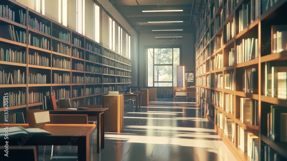 Modern library or bookstore interior with Learning and coworking space,relax zone,Library with rows of bookshelves arranged,school,university,shared desk and chairs,panoramic window. Modern library or bookstore interior with Learning and coworking space,relax zone,Library with rows of bookshelves arranged,school,university,shared desk and chairs,panoramic window.