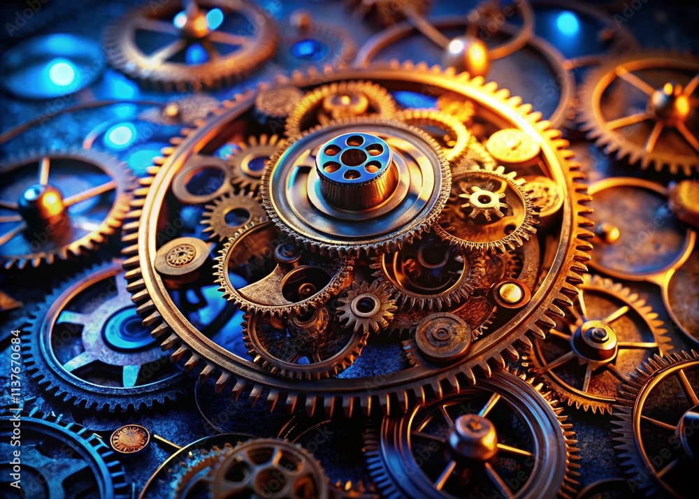 Obraz premium Steampunk Clockwork Cogs: Blue Night Photography Close-Up