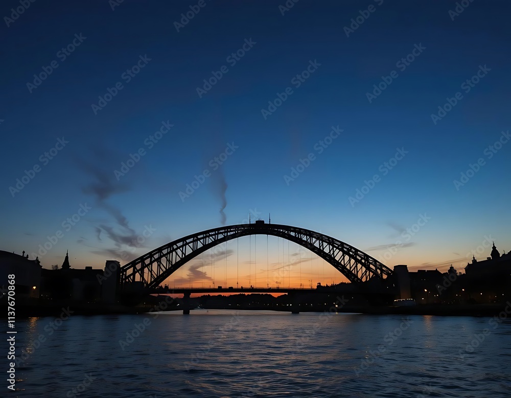 Silhouette of an arched bridge over a river at twilight Silhouette of an arched bridge over a river at twilight