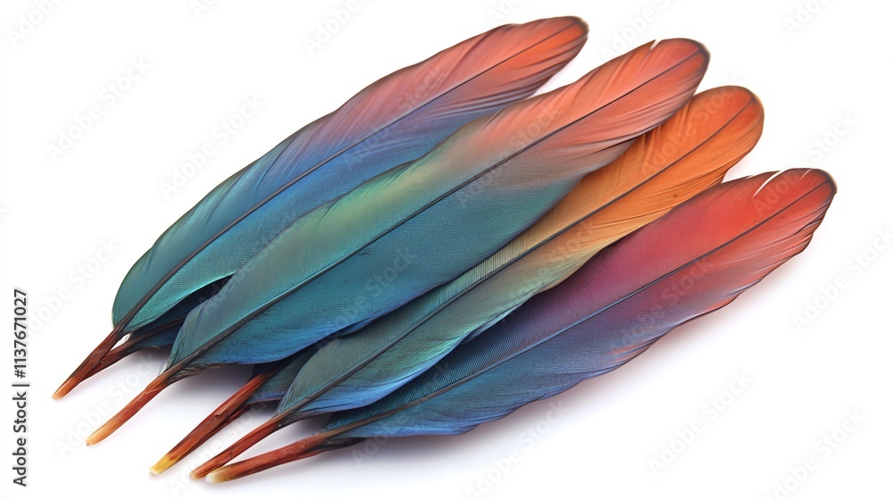 Fototapeta premium Four colorful feathers arranged in a row, isolated on a white background.