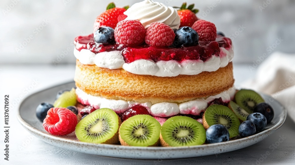 A moist and fluffy vanilla cake layered with a sweet strawberry compote, topped with fresh sliced kiwi, blueberries, and raspberries, and finished with a dollop of whipped cream. A moist and fluffy vanilla cake layered with a sweet strawberry compote, topped with fresh sliced kiwi, blueberries, and raspberries, and finished with a dollop of whipped cream.
