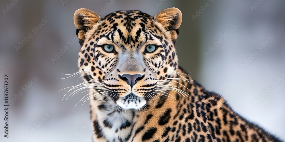 Obraz premium A close-up of a leopard with distinct rosette-patterned fur and striking blue-green eyes against a blurred background. Concept Leopard Close-Up, Rosette-Patterned Fur, Striking Blue-Green Eyes