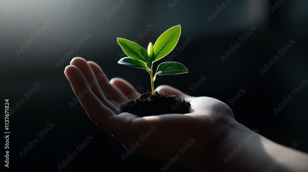A nurturing hand holds a small plant sprout, nestled in rich soil. Sunlight highlights the delicate leaves and growth. A nurturing hand holds a small plant sprout, nestled in rich soil. Sunlight highlights the delicate leaves and growth.