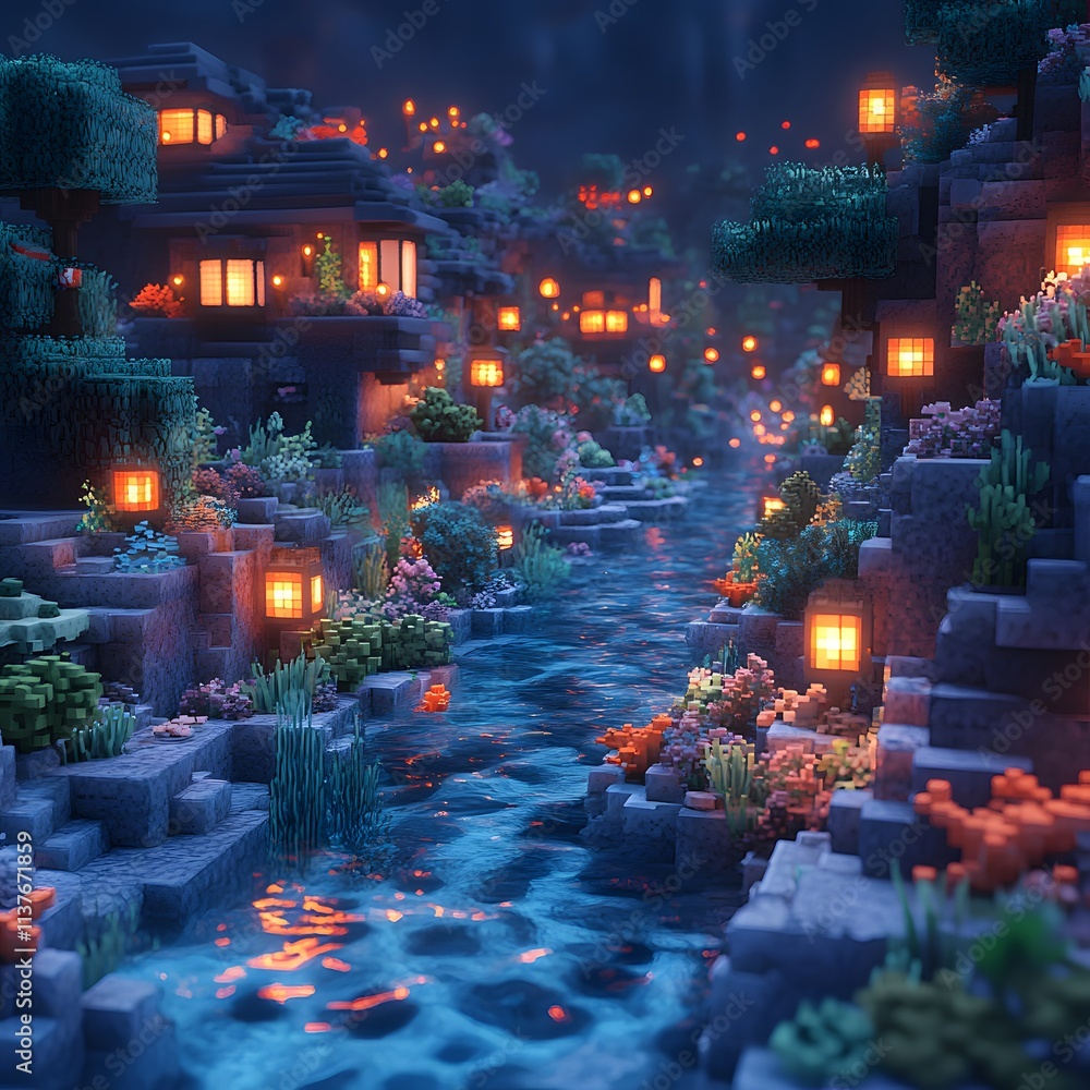 Pixelated canyon with a glowing blue river, surrounded by lantern-lit cliffs, lush vegetation, and colorful plants. A detailed and vibrant blocky landscape with warm lights and a serene, magical atmos Pixelated canyon with a glowing blue river, surrounded by lantern-lit cliffs, lush vegetation, and colorful plants. A detailed and vibrant blocky landscape with warm lights and a serene, magical atmos
