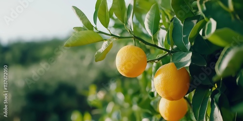 Three oranges hanging from a tree. The oranges are ripe and ready to be picked. The tree is surrounded by green leaves and bushes