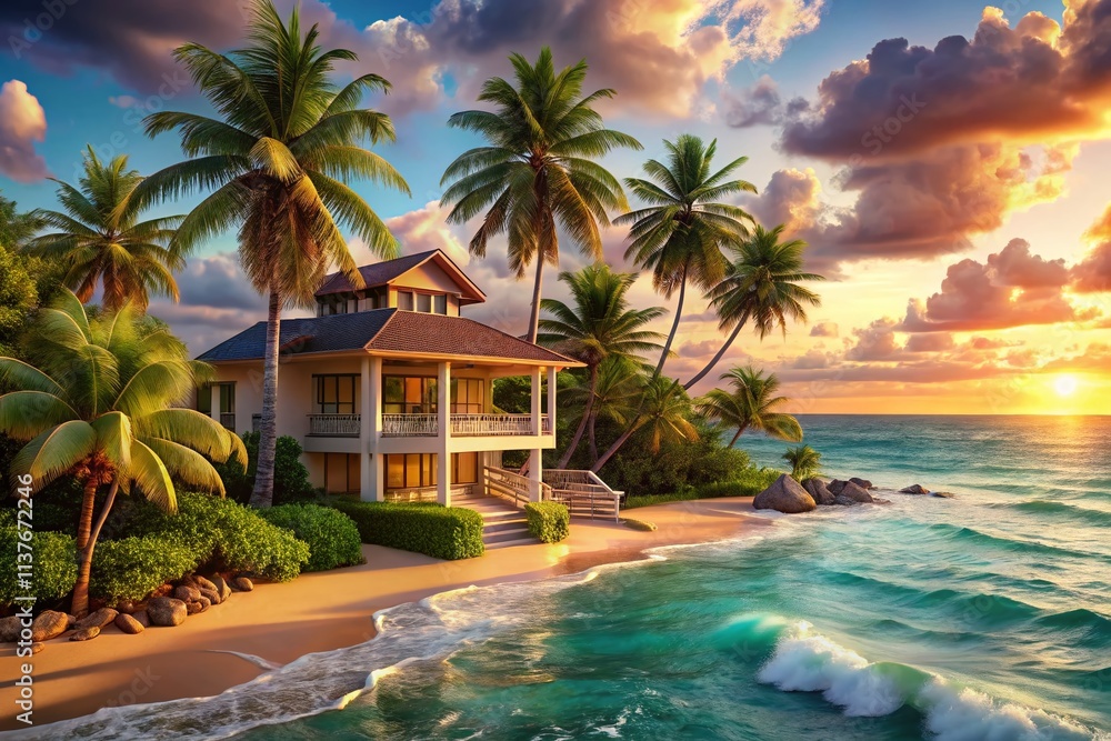 Fototapeta premium Luxurious Coastal Villa, Palm Trees, Sandy Beach: Stunning Oceanfront Escape