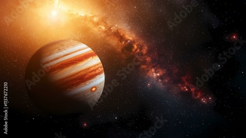 The image shows the planet Jupiter, prominently featured in the foreground, against a backdrop of a starfield and a portion of the Milky Way galaxy, with a bright star or sun visible in the upper lef photo