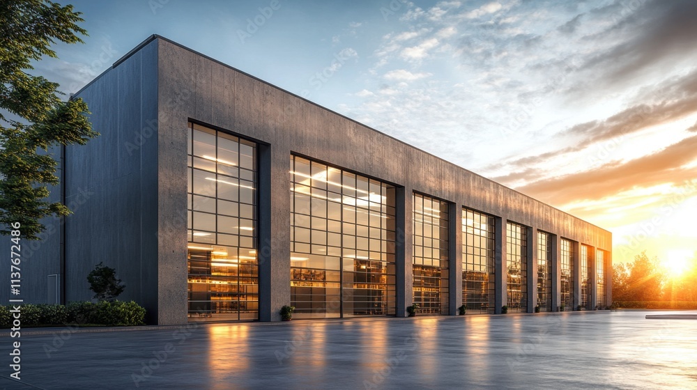 Modern Industrial Building with Large Glass Windows at Sunset Evening Light Modern Industrial Building with Large Glass Windows at Sunset Evening Light