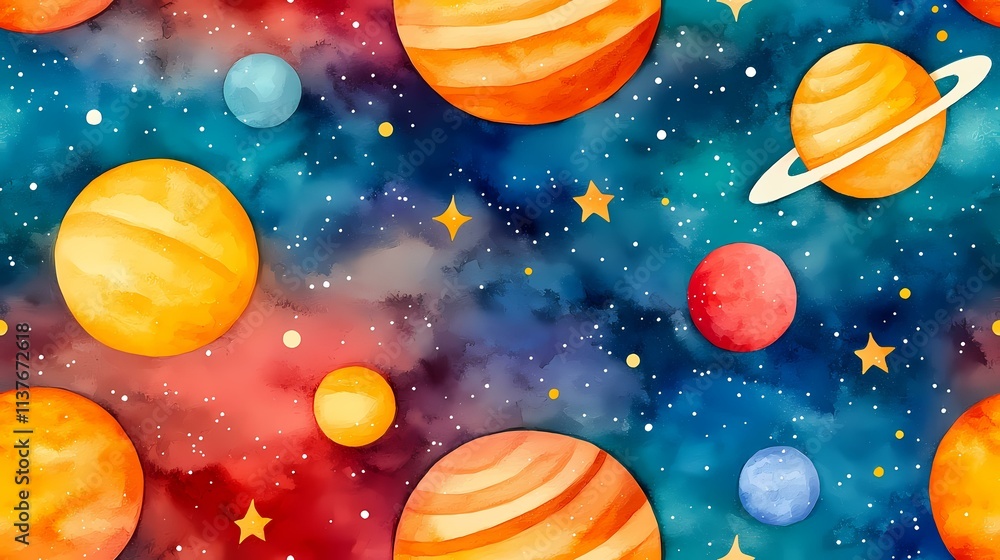 Naklejka premium A vibrant watercolor-style seamless pattern depicting a cosmic scene with various sized planets, stars and a nebula background.