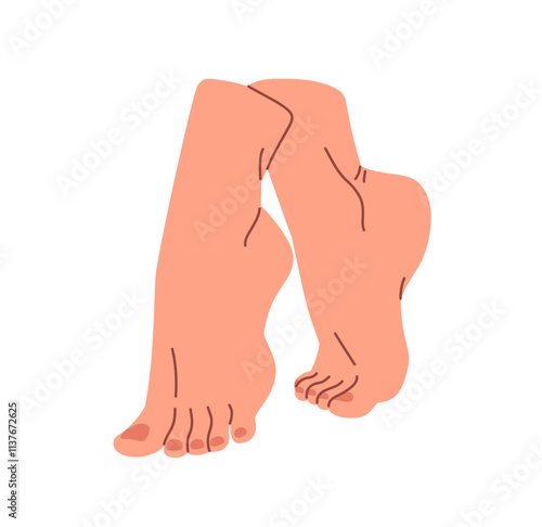 Seductive bare female feet stand on toes. Barefoot woman walks on tiptoes side view. Naked human legs with pedicure. Soles anatomy, podiatry. Flat isolated vector illustration on white background