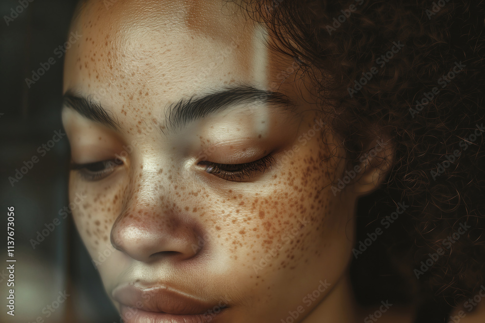 Fototapeta premium A detailed close-up of a young woman displaying beautiful freckles and curly hair, emphasizing natural beauty and serenity under gentle lighting.