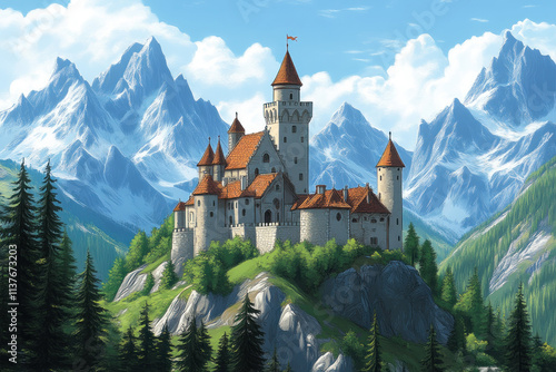 Wallpaper Mural Castle Stands Majestically on Mountain Peak with Lush Green Forest Beautifully Torontodigital.ca