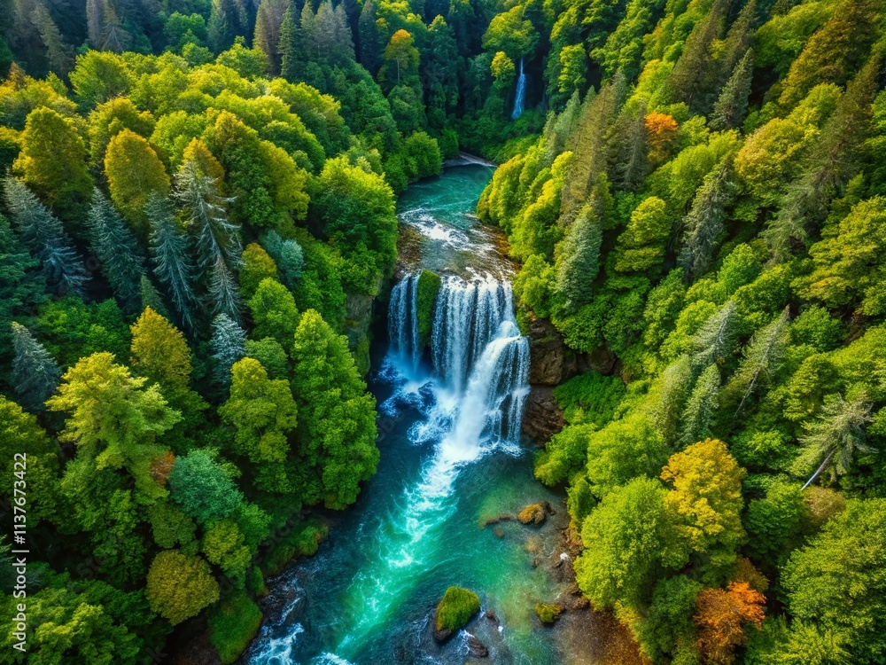 Stunning Aerial View of a Majestic Waterfall Cascading Through Lush Green Forest Surrounded by Vibrant Trees and Natural Beauty, Capturing the Essence of Wilderness and Tranquility Stunning Aerial View of a Majestic Waterfall Cascading Through Lush Green Forest Surrounded by Vibrant Trees and Natural Beauty, Capturing the Essence of Wilderness and Tranquility