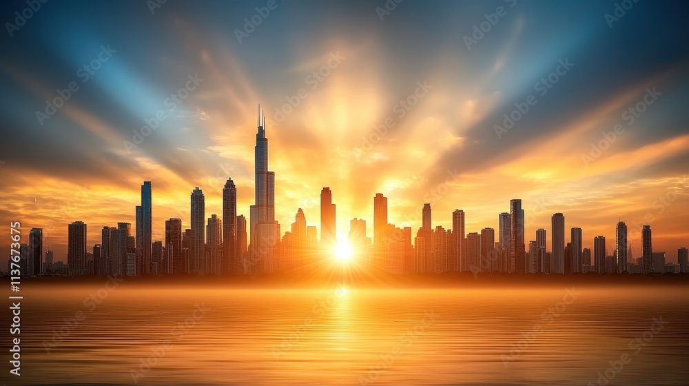 Fototapeta premium As the sun dips below the horizon, casting a warm glow over the city, the silhouette of skyscrapers against the vibrant sky creates a breathtaking and serene backdrop.