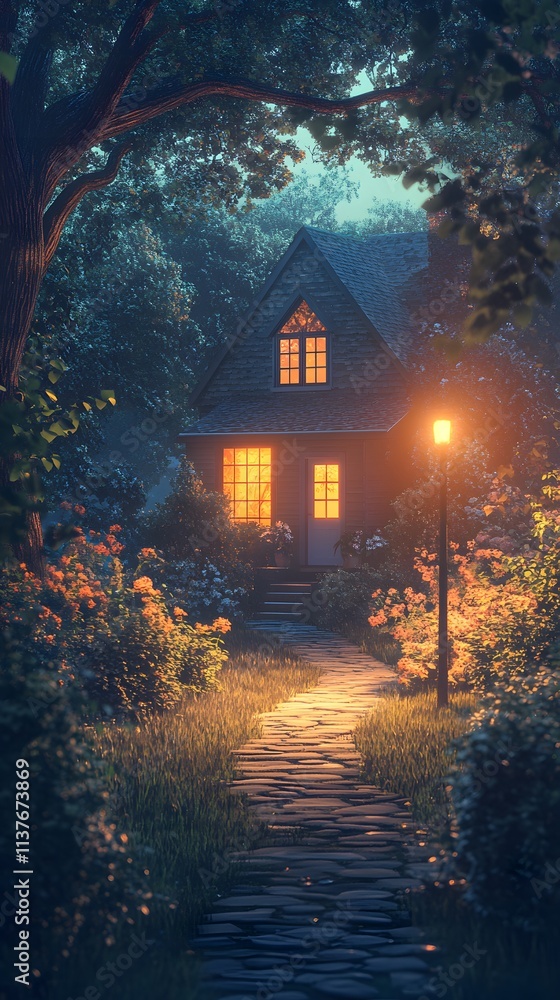 79. A peaceful evening scene of a home with automatic lights activated 79. A peaceful evening scene of a home with automatic lights activated