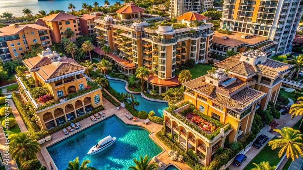 Naklejka premium Luxury Hotel Room Layout Aerial Photography: Stunning Bird's Eye View of Opulent Suites & Amenities